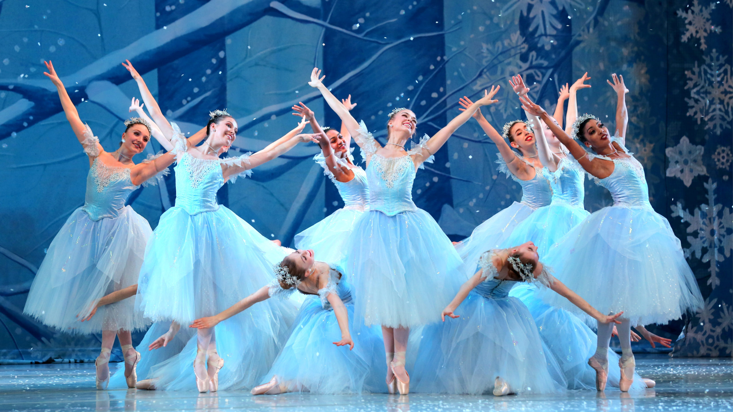 A group of snowflake dancers in "The Nutcracker" choreographed by Stoner Winslett.