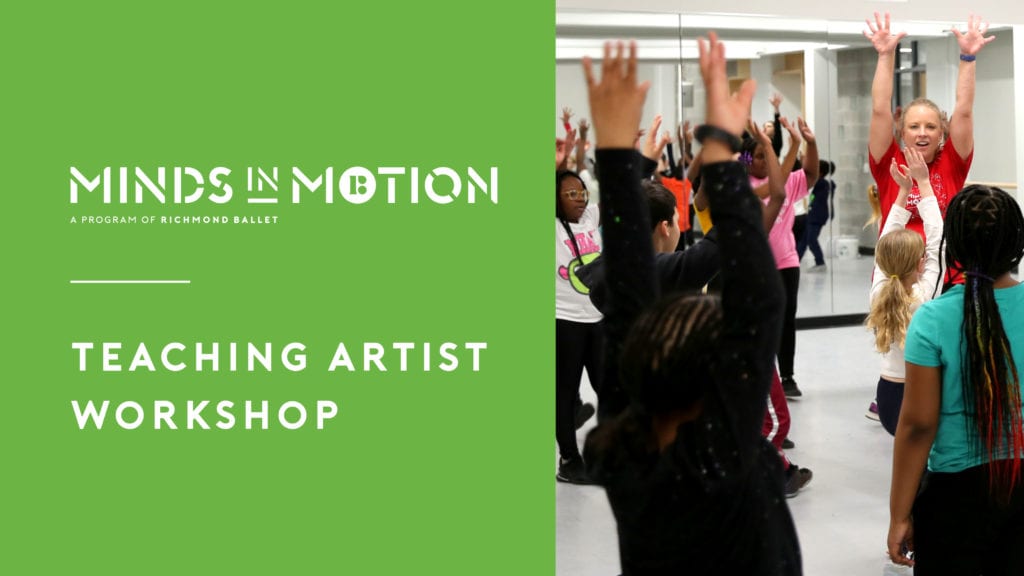 A Minds In Motion teaching artist demonstrates a dance move with children at school.